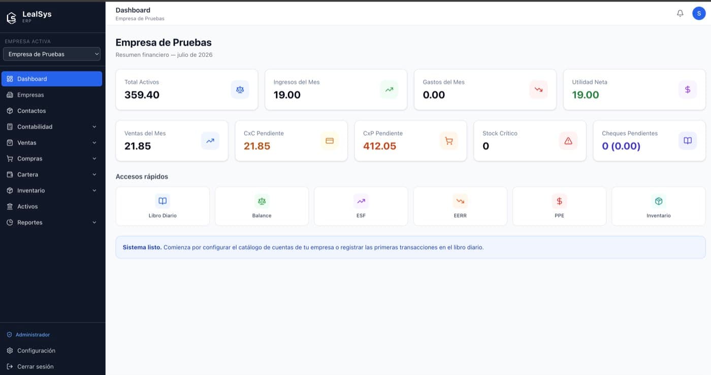 Dashboard de Lealsys ERP — resumen financiero, ingresos, gastos, cartera e inventario en tiempo real